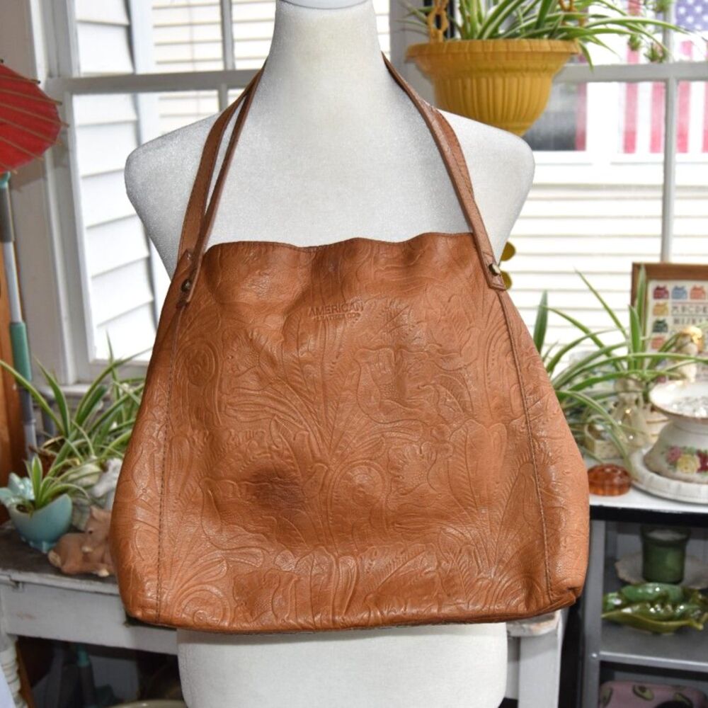 American Leather Co Brown Floral Embossed Leather Shoulder Bag Tote Purse